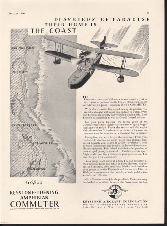 Advertisement for Loening (Keystone) Amphibian, January, 1930 (Source: Hennig)