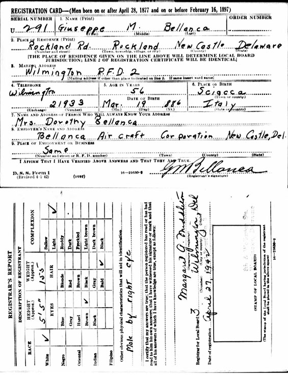 G.M. Bellanca, WWII Draft Registration Card (Source: ancestry.com)