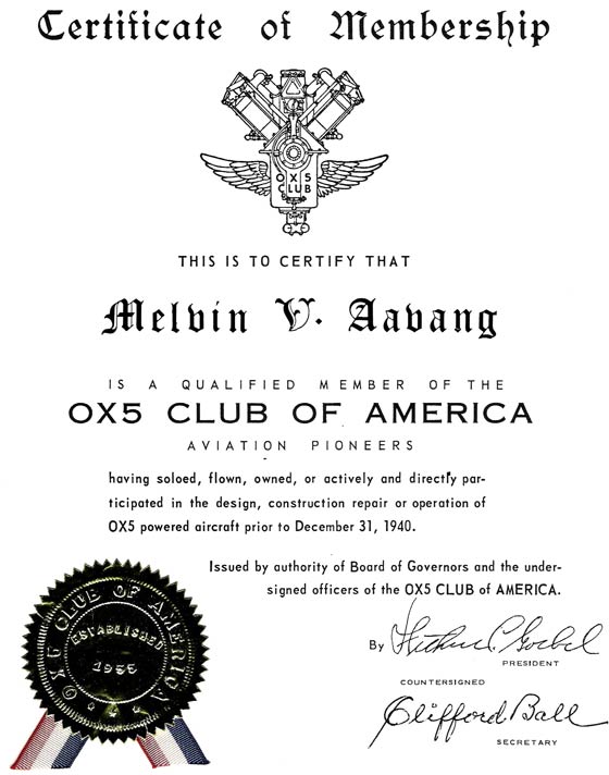 Membership Certificate, OX-5 Club (Source: Aavang)