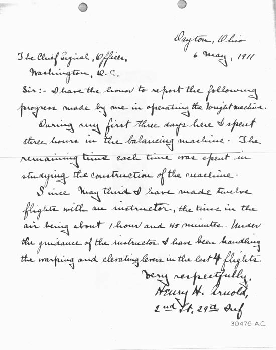 H.H. Arnold, Flight Training Progress Letter, May 6, 1911