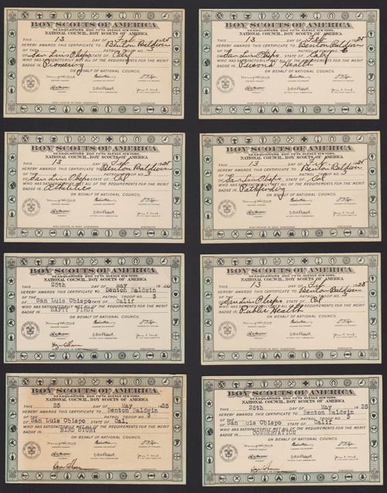 Benton Baldwin Merit Badge Certificates, Ca. 1920s (Source: Denault)