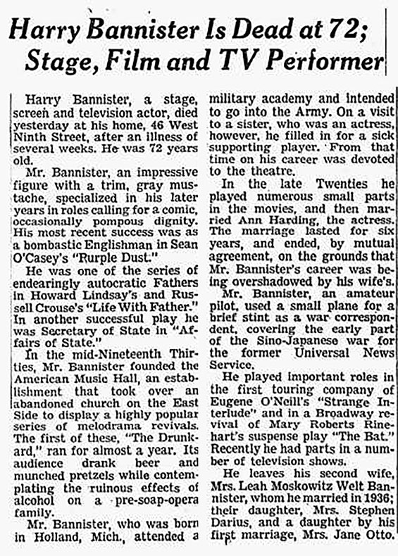 Harry C. Bannister Obituary, The New York Times, February 27, 1961 (Source: NYT) 