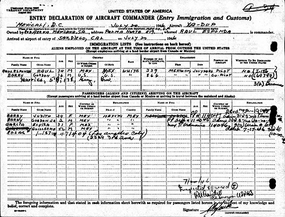 U.S. Immigration Form, July 20, 1946 (Source: ancestry.com)