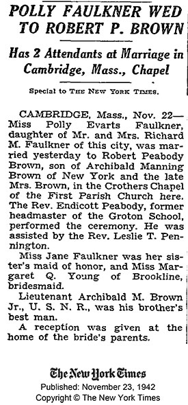 Wedding of Robert Peabody Brown, November 23, 1942 (Source: NYT) 