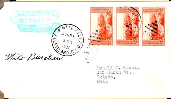 Milo Burcham, U.S. Postal Cachet, August 31, 1934 (Source: Kranz)
