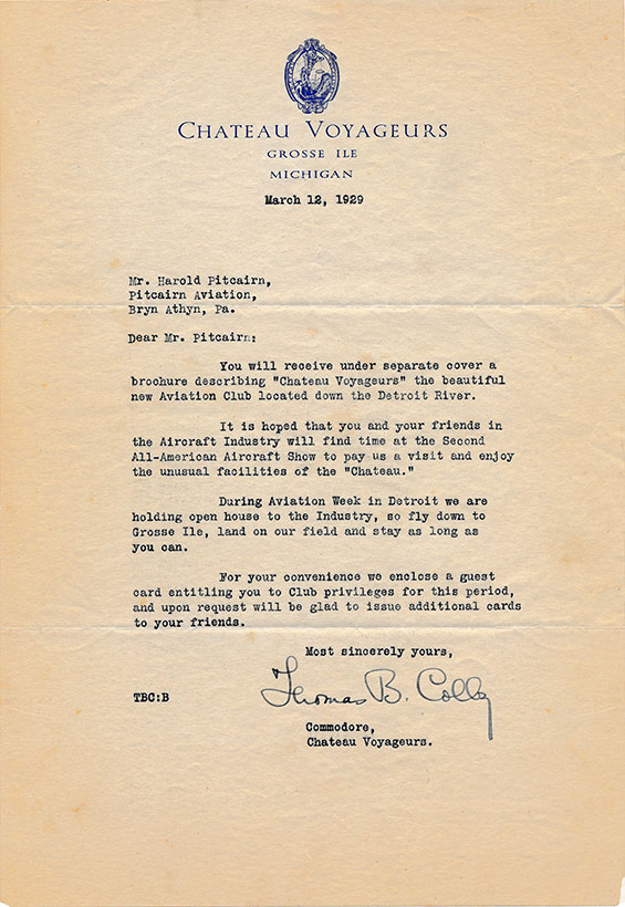 March 12, 1929 Invitation to Harold Pitcairn (Source: Kalina) 
