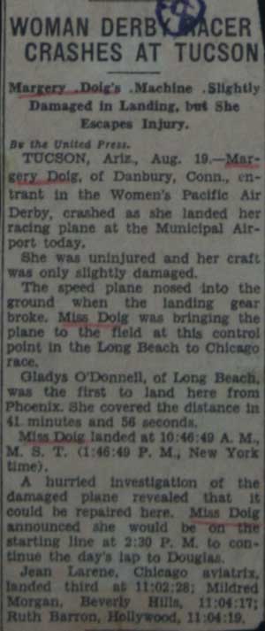 Tucson News Description of Doig's Accident, August 19, 1930