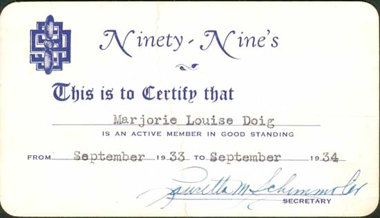 Margery Doig's Ninety-Nines Membership Card, 1933-34