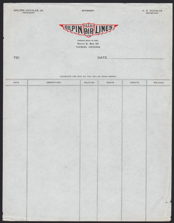 Gilpin Air Lines Accounts Receivable Stationery Form (Source: Cantwell)