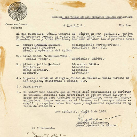 Earhart Flight, Mexico Permission, April 3, 1935 (Source: PUEA)