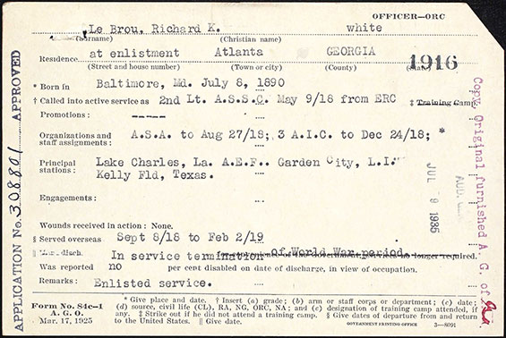 Veteran's Service & Compensation Card, July 9, 1935 (Source: ancestry.com)