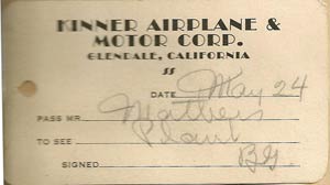 Kinner Motor Company Visitor's Badge, May 24, 1929(?) Source: Tietz