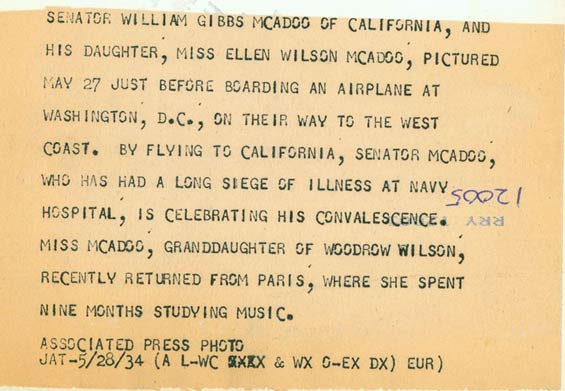 Caption, Ellen McAdoo, William Gibbs McAdoo and Lockheed NC309H, May 27, 1934 (Source: Kalina) 