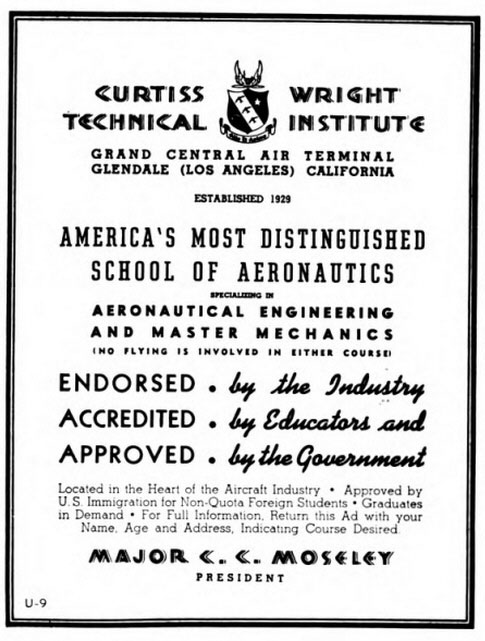 Curtiss Wright Technical Institute, Glendale, CA, 1939 (Source: Site Visitor)