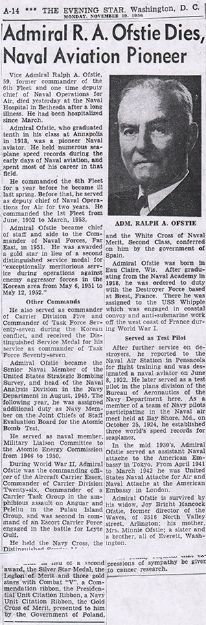 R.A. Ofstie Obituary, November 19, 1956, Washington Star (Source: NASM) 
