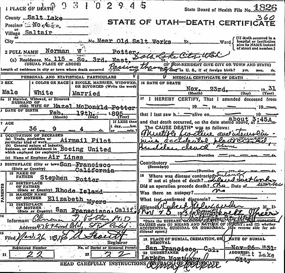Norman Potter Death Certificate, November 23, 1931 (Source: ancestry.com) 