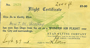 Ryan Flying Company Souvenir Flight Card, September 27, 1925 (Source: Jurek)