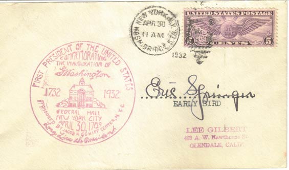 Eric Springer, U.S. Airmail postal Cachet, April 30, 1932 (Source: Staines)