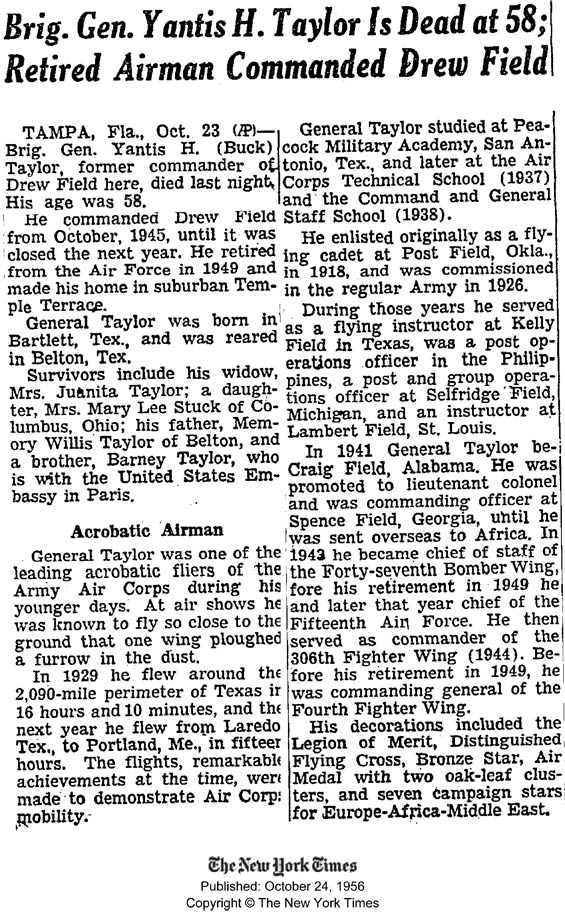 Y.H. Taylor Obituary, The New York Times, October 24, 1956 (Source: NYT)