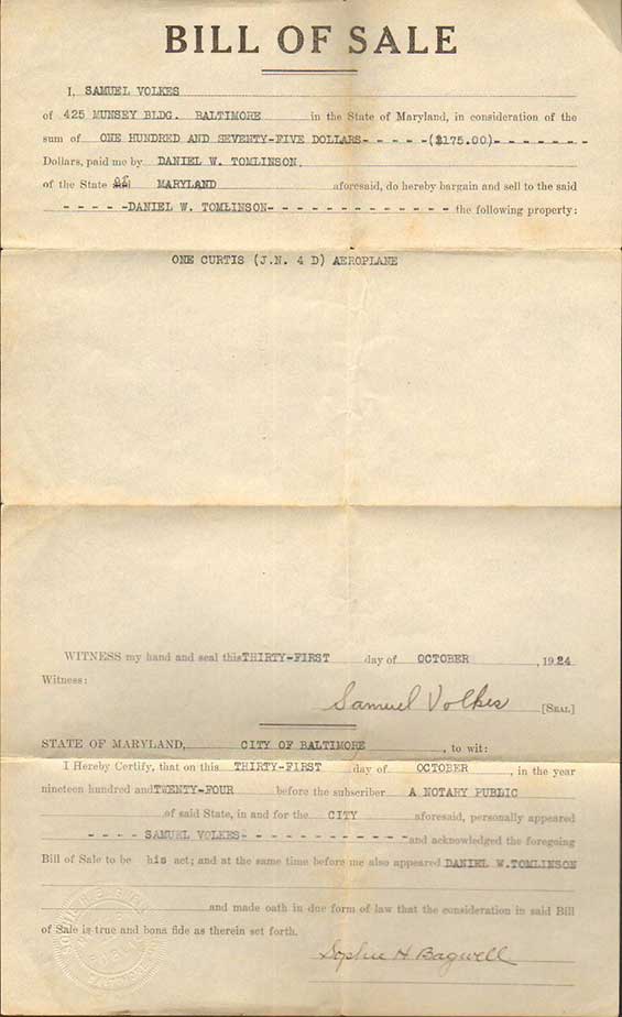Tomlinson's Bill of Sale for Purchase of Curtiss Jenny 2188, October 31, 1924 (Source: Walker)