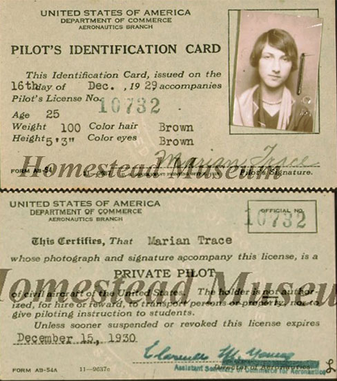 Marian Trace, Private Pilot Certificate, December 15, 1929 (Source Homestead Museum via Woodling) 
