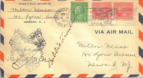 U.S. Postal Cachet Signed by Bobbi Trout, November 14, 1929 (Source: Staines)