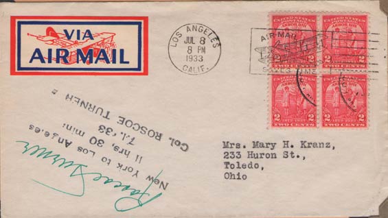 U.S. Postal Cachet, Roscoe Turner, July 8, 1933 (Source: Kranz)