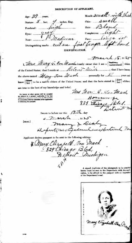 Mary Von Mach, Passport Application, March 18, 1925 (Source: ancestry.com)