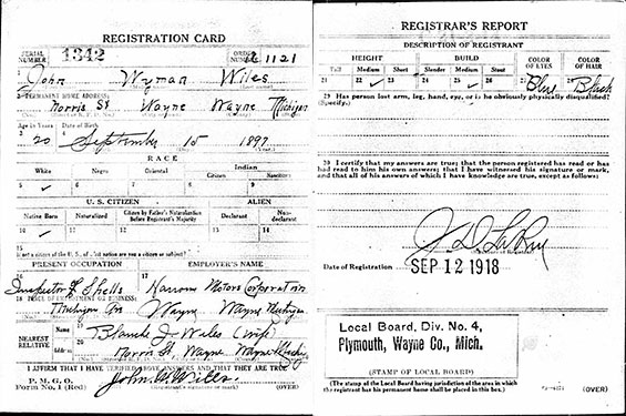 John W. Wiles Draft Registration Card, September 12, 1917 (Source: ancestry.com) 