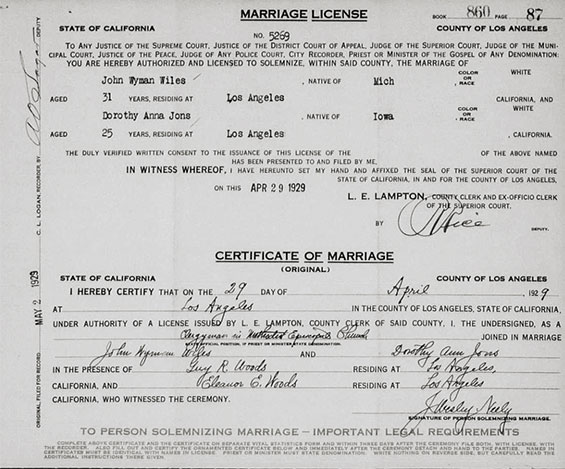 Dorothy Jons/J.W. Wiles Marriage License, April 29, 1929 (Source: ancestry.com)