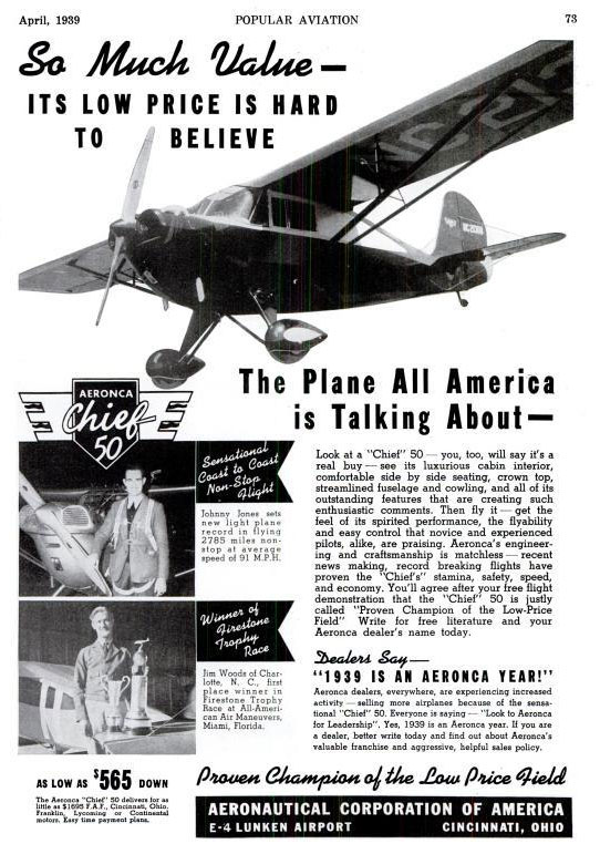 Aeronca Advertisement, Popular Aviation, April, 1939 (Source: PA)