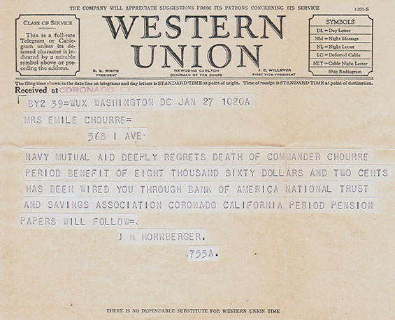 Death Benefits Telegram, January 27, 1938 