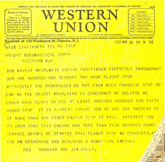 "Fort Worth" Post Flight Telegram, May 26, 1929