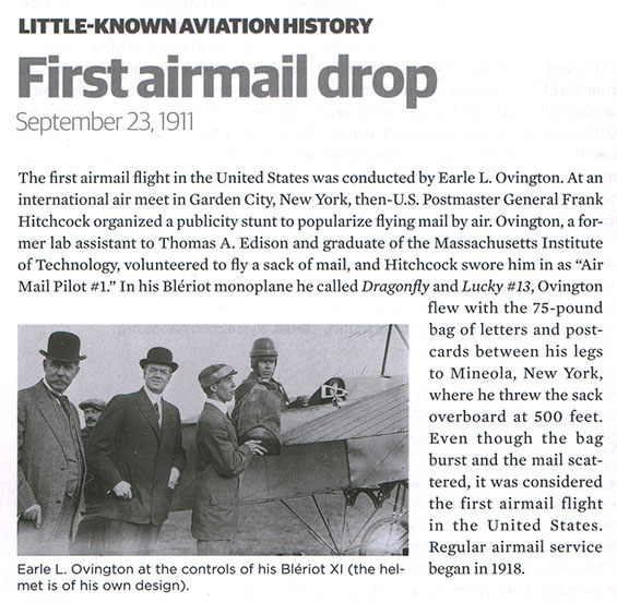 107th Anniversary of First Airmail (Source: AOPA Pilot)