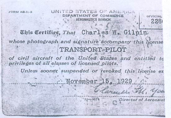 C.W. Gilpin Transport Pilot License, 1929