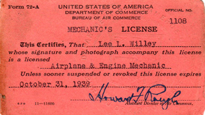 Lee Willey's Mechanic's License, 1939