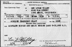 Lee Willey Air Transport License, 1952