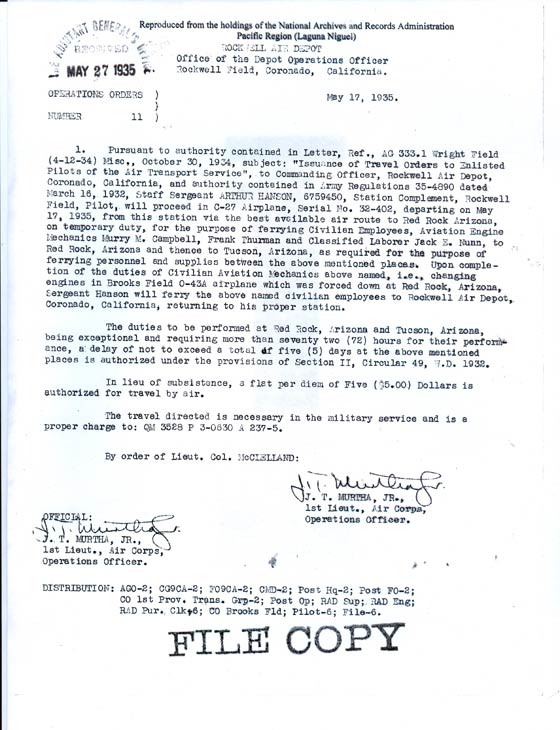 Flight Orders for Bellanca 32-402, May 17, 1935 (Source: NARA, Laguna Niguel)
