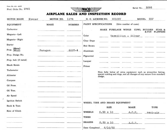 Waco KNF, NC109Y Airplane Sales and Inspection Record (Source: Heins)