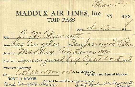 Maddux Air Lines Pass, April 12, 1928 (Source: Park) 