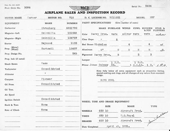 Specification Sheet, Waco NC12151, April 22, 1931 (Source: Heins)