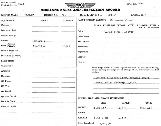 Factory Delivery Sheet for NC112Y, June, 1930 (Source: Heins)