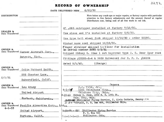 Record of Ownership for NC112Y, June, 1930 (Source: Heins)