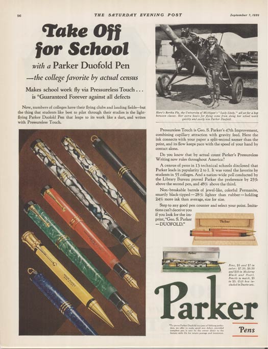 Parker Pen Advertisement, September 1929