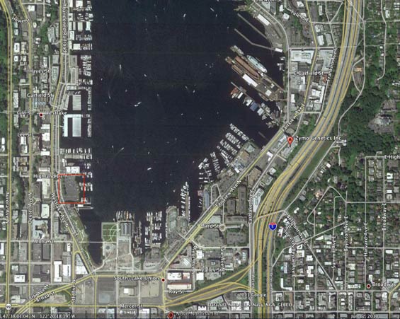 View of South Lake Union With Seattle Light Steam Power Plant Outlined in Red (Source: Kalina)