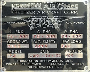 Airframe & Engine Dataplate, Kreutzer K-3 NC211M (Source: Site Visitor) 