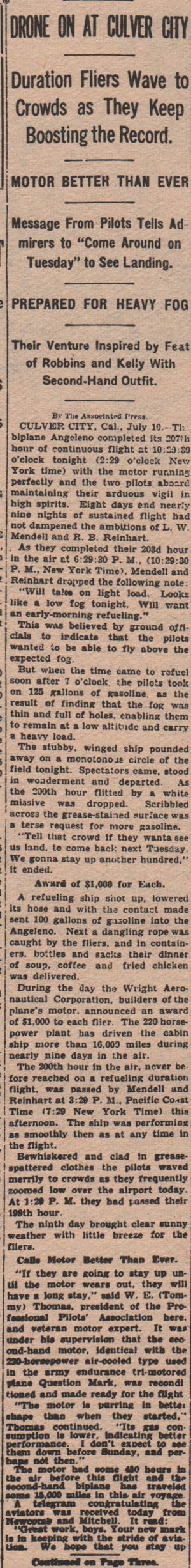 Flight of Mendell, Reinhart & Angeleno, New York Times, July 11, 1929 (Source: NYT)