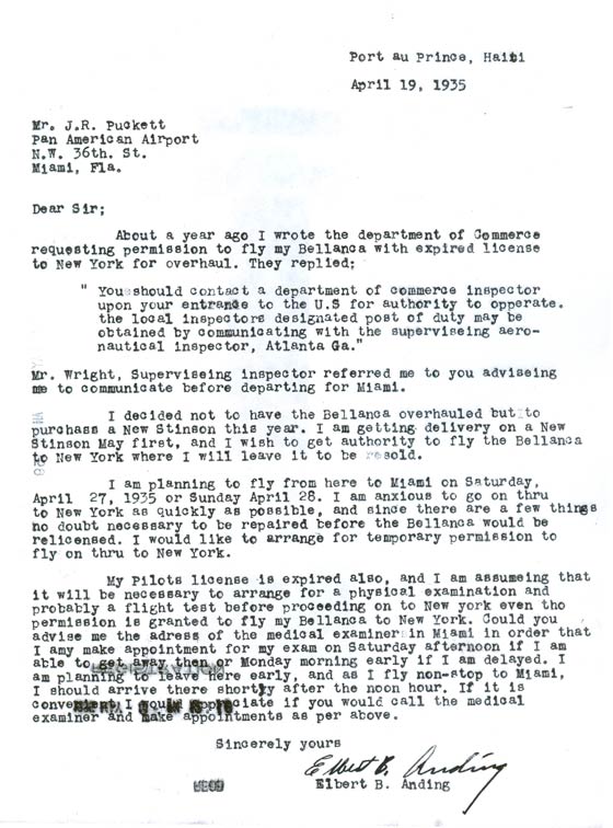 Anding Letter, April 19, 1935 (Source: FAA)