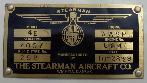 Stearman NC667K, Original Data Plate (Source: Webmaster)