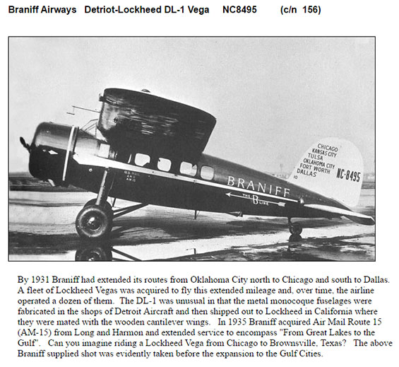 Lockheed Vega NC8495 in Braniff Airways Livery, Pre-1935 (Source: Coates Collection)
